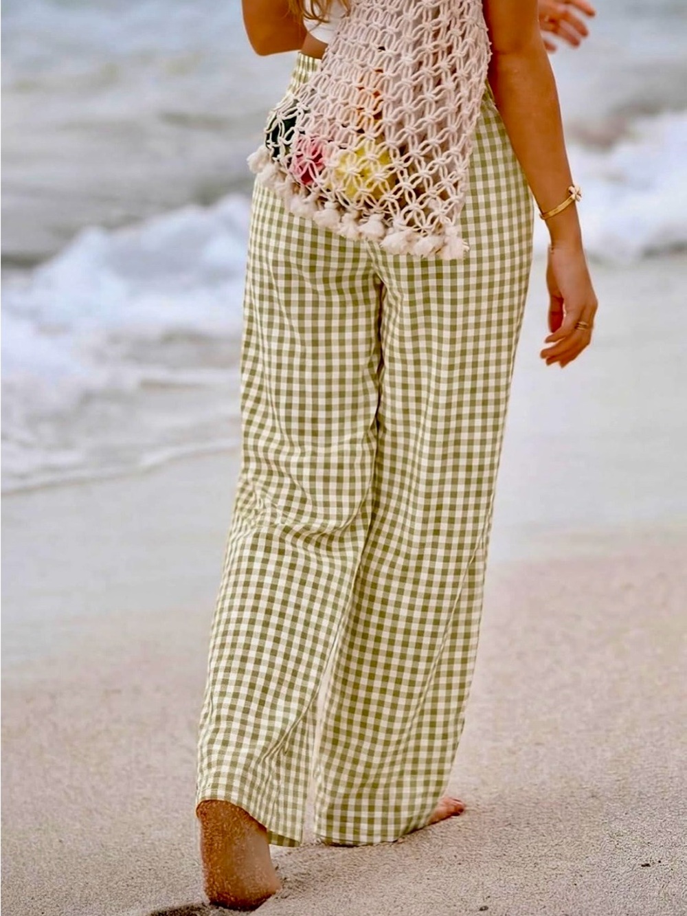 Wide-Leg Smocked Waist Gingham Pants - Sage Green and White (NEW) - Picture 2 of 6